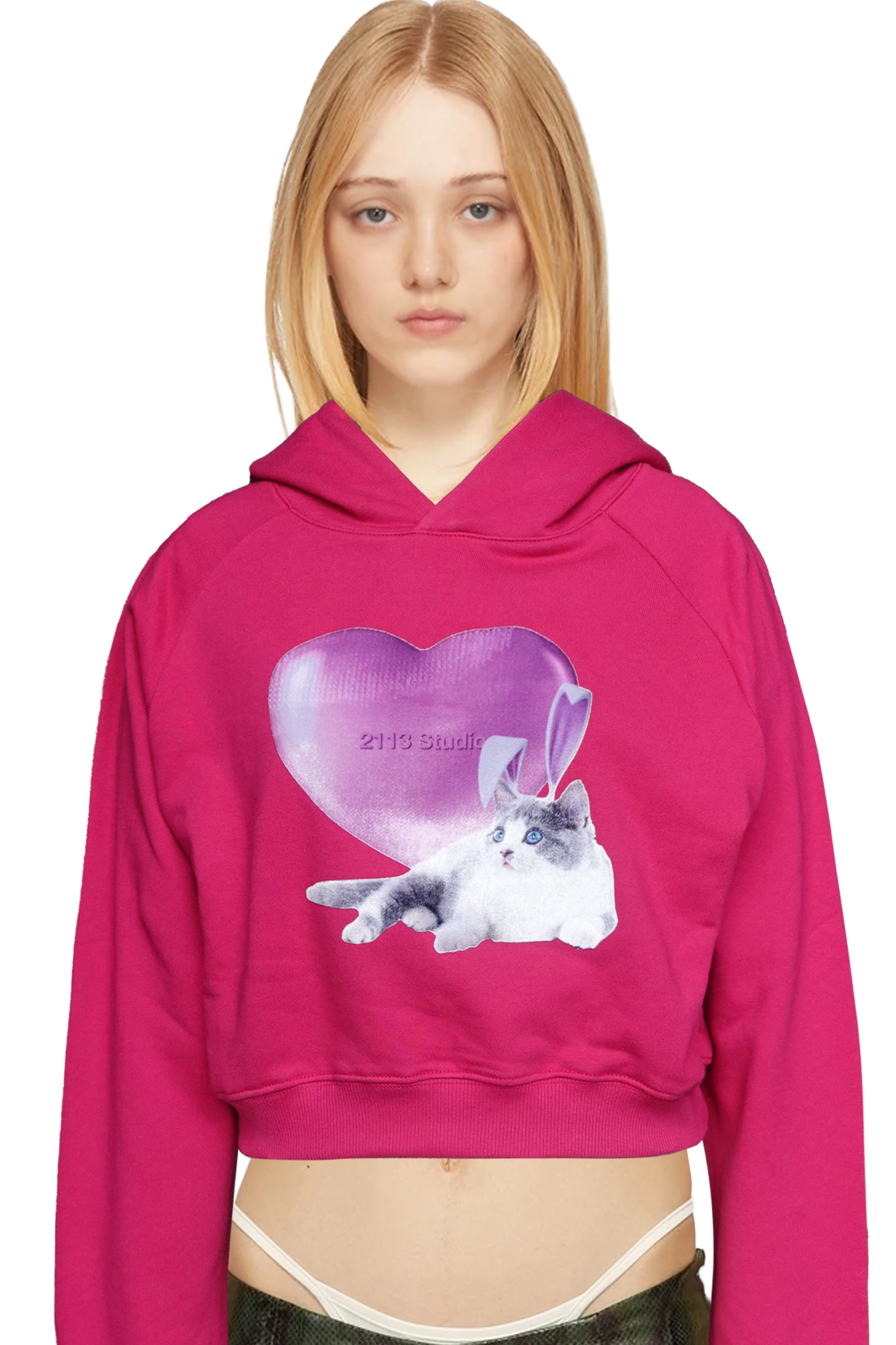 Ep.1 Crop hoodie heart cat Magenta